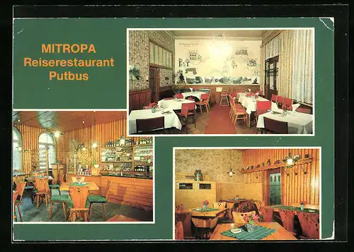 AK Putbus / Rügen, MITROPA Reiserestaurant, Speisesaal und Bauernstube