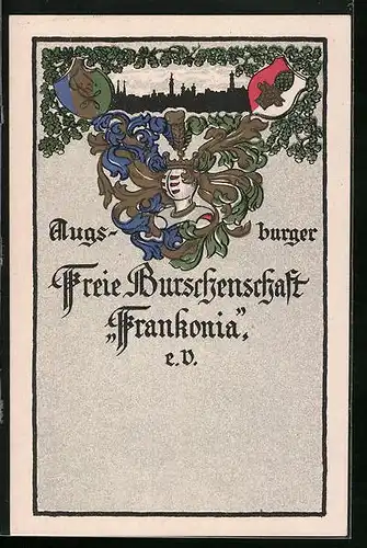 AK Augsburg, Stadtpanorama, Freie Burschenschaft Frankonia e. V., Wappen in Gold