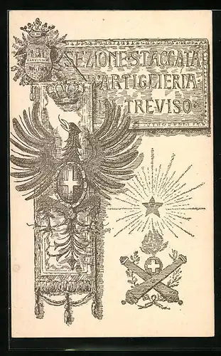 Lithographie Treviso, Adler mit Wappen, Artillerie, Sezione Staccata D`Artiglieria
