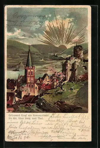 Künstler-AK Theodor Guggenberger: Linz, goldener Sonnenaufgang mit der Burgruine