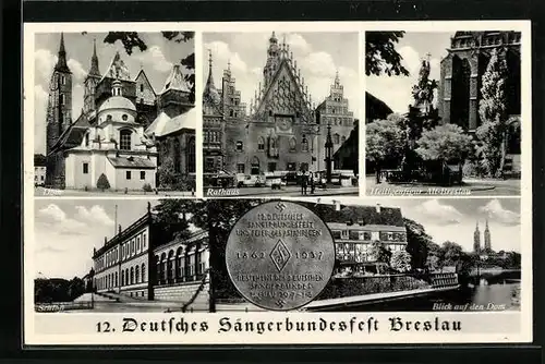 AK Breslau, Heiligenfigur, Rathaus, Dom, Schloss, Uferanlagen, 12. Deutsches Sängerbundesfest