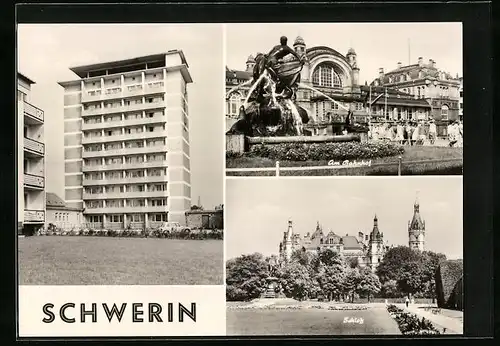 AK Schwerin, Hochhaus, Partie am Bahnhof, Schloss