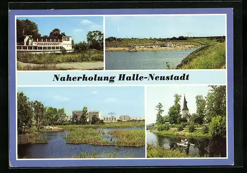 AK Halle-Neustadt, Angersdorfer Teiche, Gaststätte Piratennest, Freibad, Blick auf den Südpark
