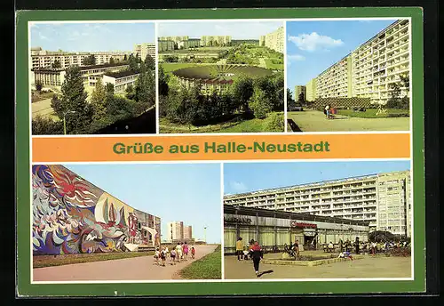 AK Halle-Neustadt, Polytechnische Oberschule, Kindergarten Buratino, Wohnblock und Schwimmhalle