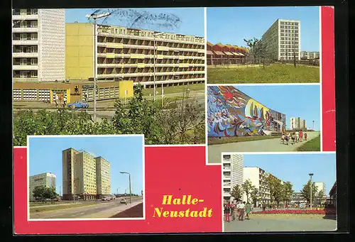 AK Halle-Neustadt, Gaststätte Halloren-Eck, Internat, Kindergarten, Schwimmhalle und Wohngebiet