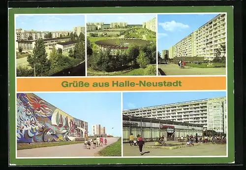 AK Halle-Neustadt, Polytechnische Oberschule, Kindergarten Buratino, Wohnblock und Schwimmhalle