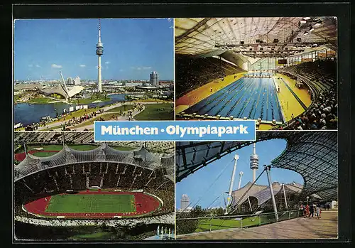 AK München, Olympiapark mit Olympiasee, Olymp. Dorf, Olympiaturm und Olympiaschwimmhalle