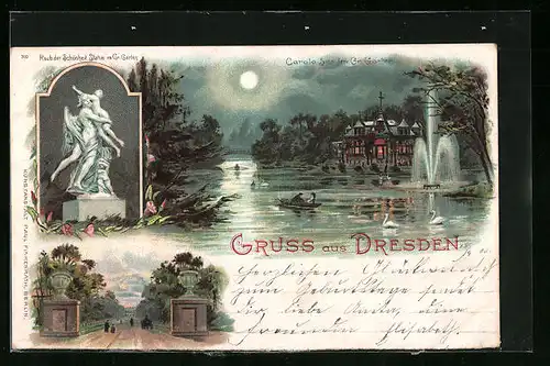 Lithographie Dresden, Carola See, Wasserspiel, Denkmal Raub der Schönheit
