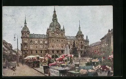 AK Graz, Wochenmarkt auf dem Hauptplatz vor dem Rathaus