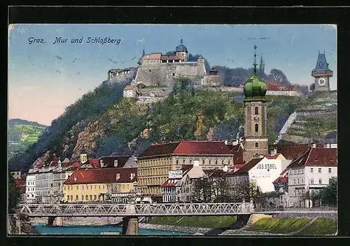 AK Graz, Brücke, Mur und Schlossberg