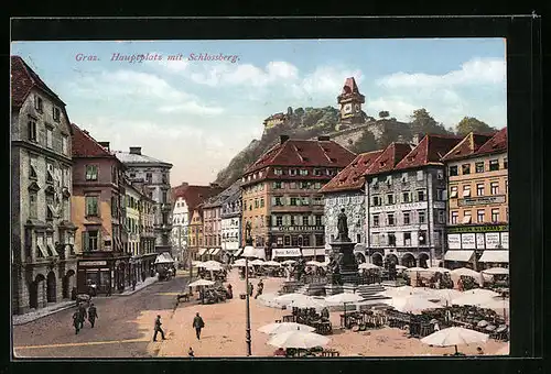 AK Graz, Wochenmarkt auf dem Hauptplatz, Blick auf den Schlossberg