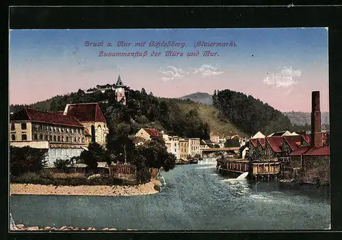 AK Bruck a. Mur, Zusammenfluss der Mürz und Mur, unter dem Schlossberg