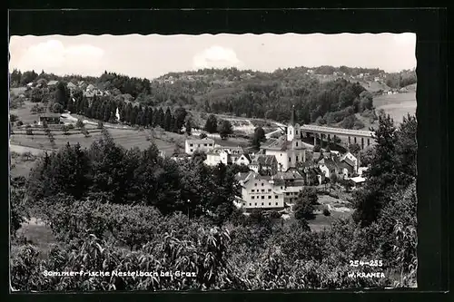 AK Nestelbach, Blick auf die Kirche im Ort vor der Brücke