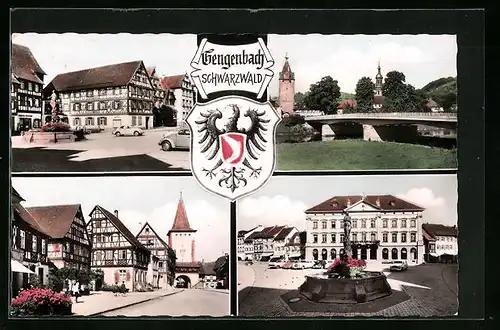 AK Gengenbach im Schwarzwald, Denkmal vor dem Rathaus, Tordurchblick, an der Brücke