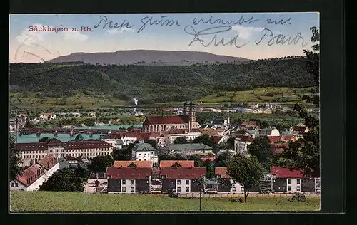 AK Säckingen a. Rhein, Stadttotale, Blick auf die Rheinbrücke