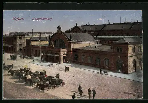 AK Erfurt, Kutschen parken vor dem Hauptbahnhof