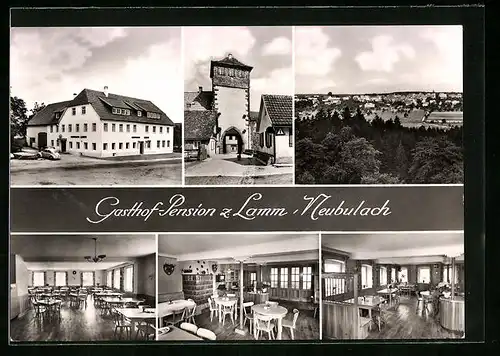 AK Neubulach im Schwarzwald, Ortspanorama, Gasthof - Pension z. Lamm, in den Gasträumen