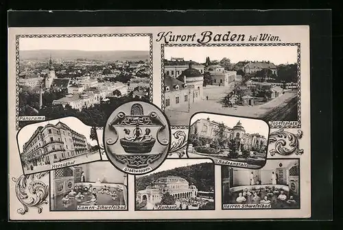 AK Baden, Josefsplatz, Stadtpanorama, Herren-Schwefelbad, Kurhaus, Damen-Schwefelbad