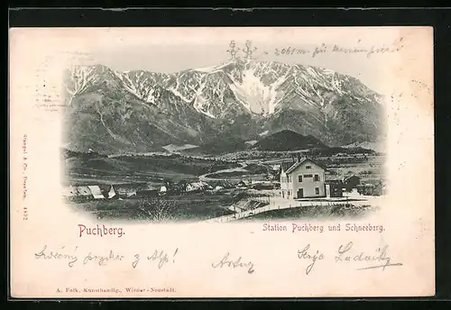 AK Puchberg am Schneeberg, Station Puchberg und Blick auf die Alpen