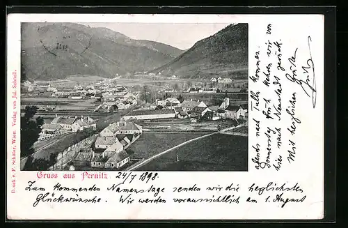 AK Pernitz, Blick über die Ortschaft im Tal