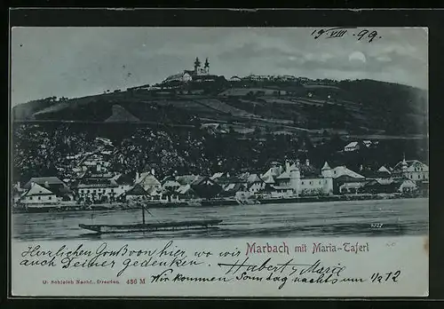 Mondschein-AK Marbach, Ortstotale vom Ufer der Donau aus gesehen