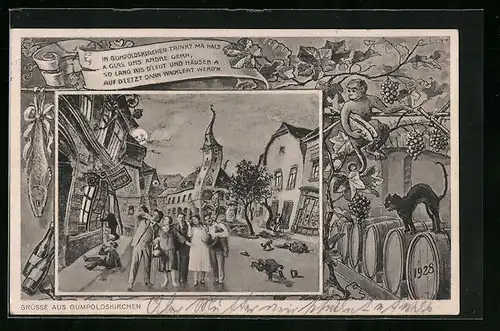 AK Gumpoldskirchen, Menschen betrunken auf dem Hauptplatz, Katze auf den Fässern