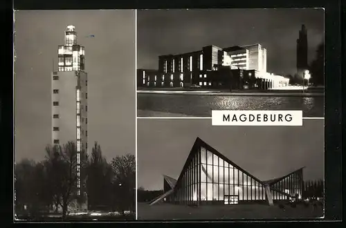 AK Magdeburg, Aussichtsturm, Stadthalle und Ausstellungszentrum im Kurpark Rotehorn