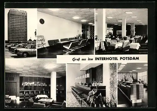 AK Potsdam, Interhotel, Aussenansicht, im Foyer, im Restaurant