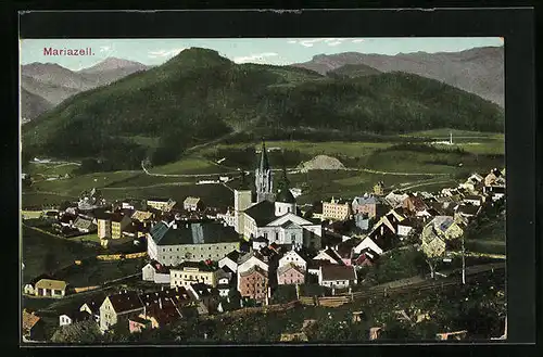 AK Mariazell i. Steiermark, Blick ins Tal auf den Ort mit der Basilika