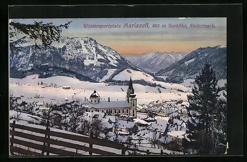AK Mariazell i. Steiermark, Generalansicht im Schnee mit der Basilika