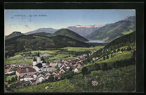 AK Mariazell i. Steiermark, Generalansicht mit Basilika, Blick zum Erlafsee