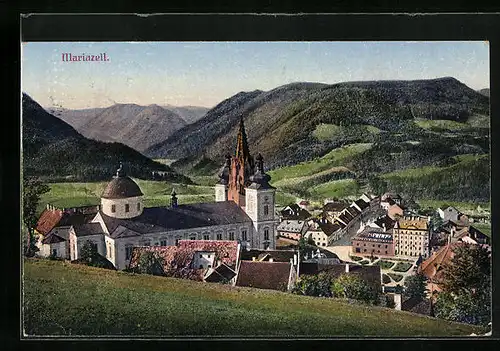 AK Mariazell i. Steiermark, Blick auf die Basilika und den Vorplatz