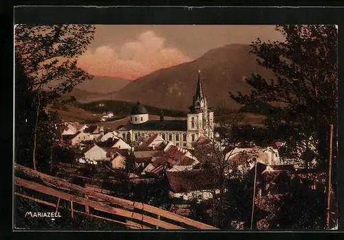 AK Mariazell i. Steiermark, Blick auf den Ort mit der Basilika