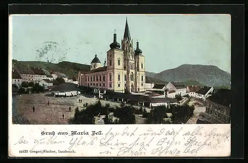 AK Mariazell i. Steiermark, die Basilika am Platz in der Stadt