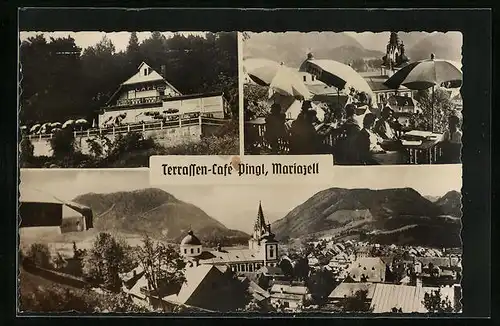 AK Mariazell i. Steiermark, Generalansicht mit Basilika, Terrassen-Cafe Pingl