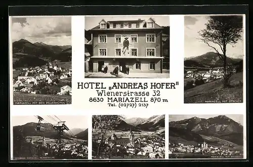 AK Mariazell i. Steiermark, Generalansicht mit den Zellerhüten, Seilbahn Bürgeralpe, Hotel Andreas Hofer
