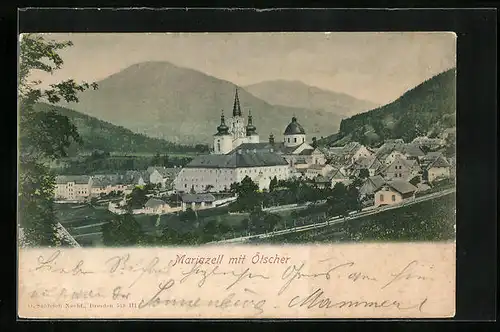 AK Mariazell i. Steiermark, Totalansicht mit Basilika und Oetscher