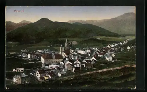AK Mariazell i. Steiermark, Blick von den Wiesen auf die Stadt mit der Basilika