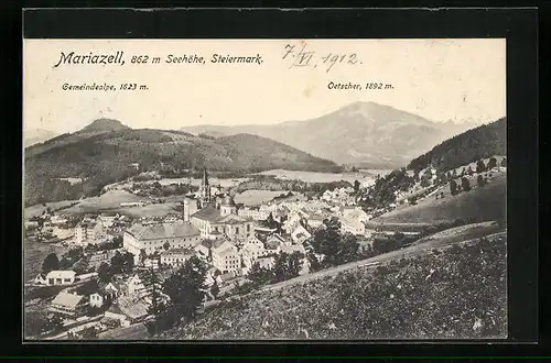 AK Mariazell i. Steiermark, Totale der Stadt mit Basilika, Oetscher und Gemeindealpe