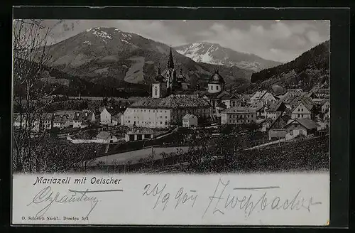 AK Mariazell i. Steiermark, die Basilika mit Blick auf den Oetscher