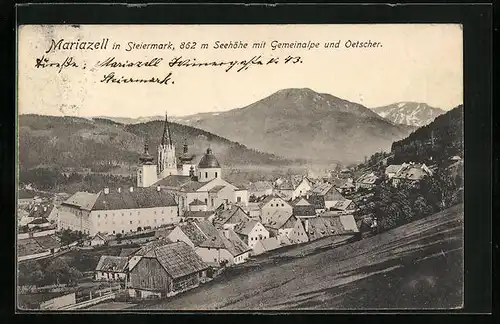 AK Mariazell i. Steiermark, Stadtansicht mit Basilika, Oetscher und Gemeindealpe