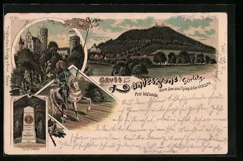 Lithographie Görlitz, Landeskrone, Burg, Körner-Denkmal