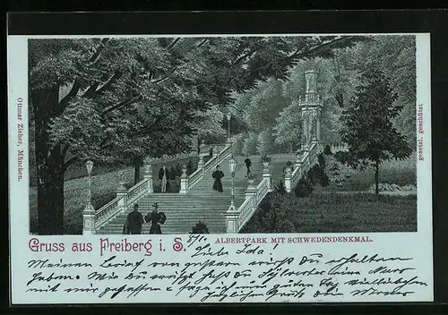 Mondschein-Lithographie Freiberg i. S., Albertpark mit Schwedendenkmal