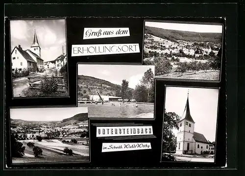 AK Untersteinbach, Ortsansicht, Blick zur Kirche, Schwimmbad