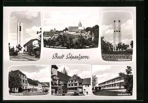 AK Schwaigern / Württ., Martinuskirche, Stadtmauer, Wasserturm, Marktplatz, Rathaus und Volksschule