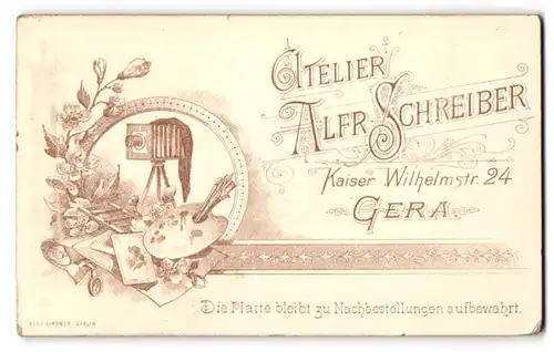Fotografie Alfr. Schreiber, Gera, Kaiser Wilhelmstr. 24, Plattenkamera mit Farbpalette