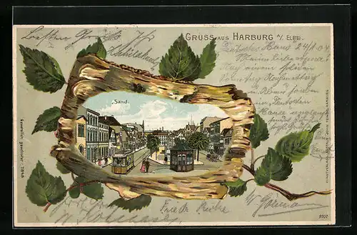 Passepartout-Lithographie Harburg /Elbe, Sand mit Strassenbahn, Birkenholz