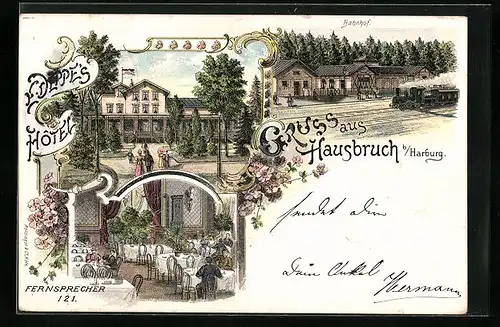 Lithographie Hamburg-Hausbruch, E. Deppe`s Hotel, Bahnhof