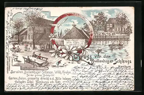 Lithographie Hamburg-Rothenburgsort, Gasthaus zur Bullenhuser Schleuse von Wilh. Krohn