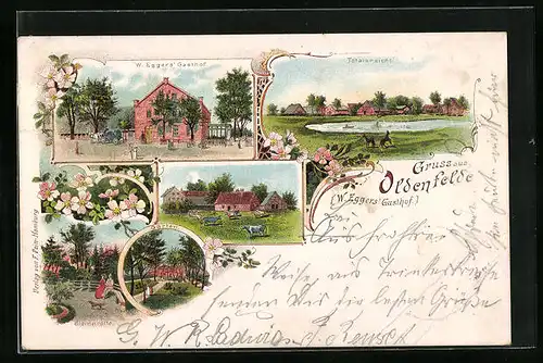 Lithographie Hamburg-Oldenfelde, W. Eggers Gasthof, Totalansicht, Steingrotte, Garten